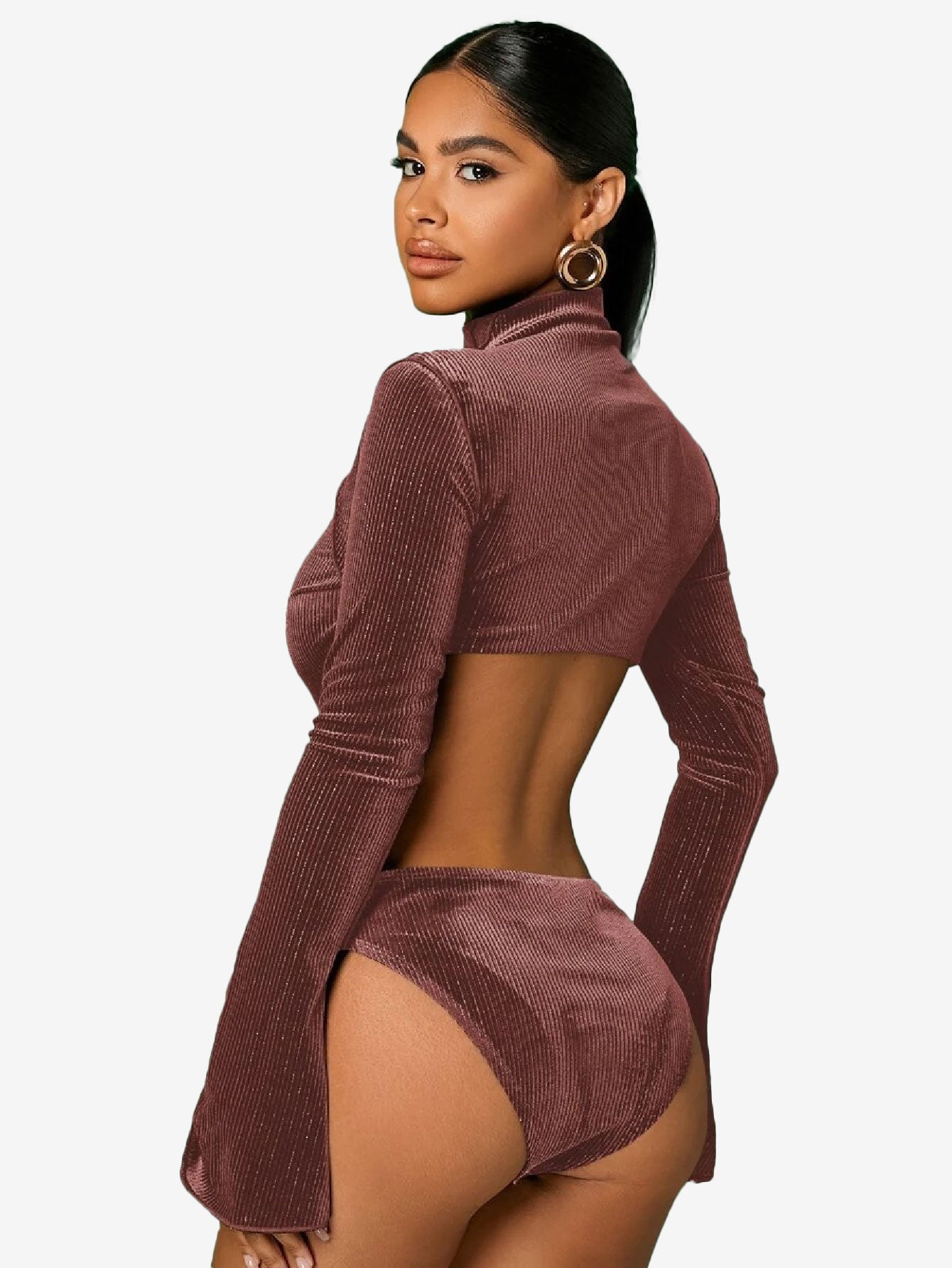 Cunning Mock Neck Cut Out Velvet Bodysuit