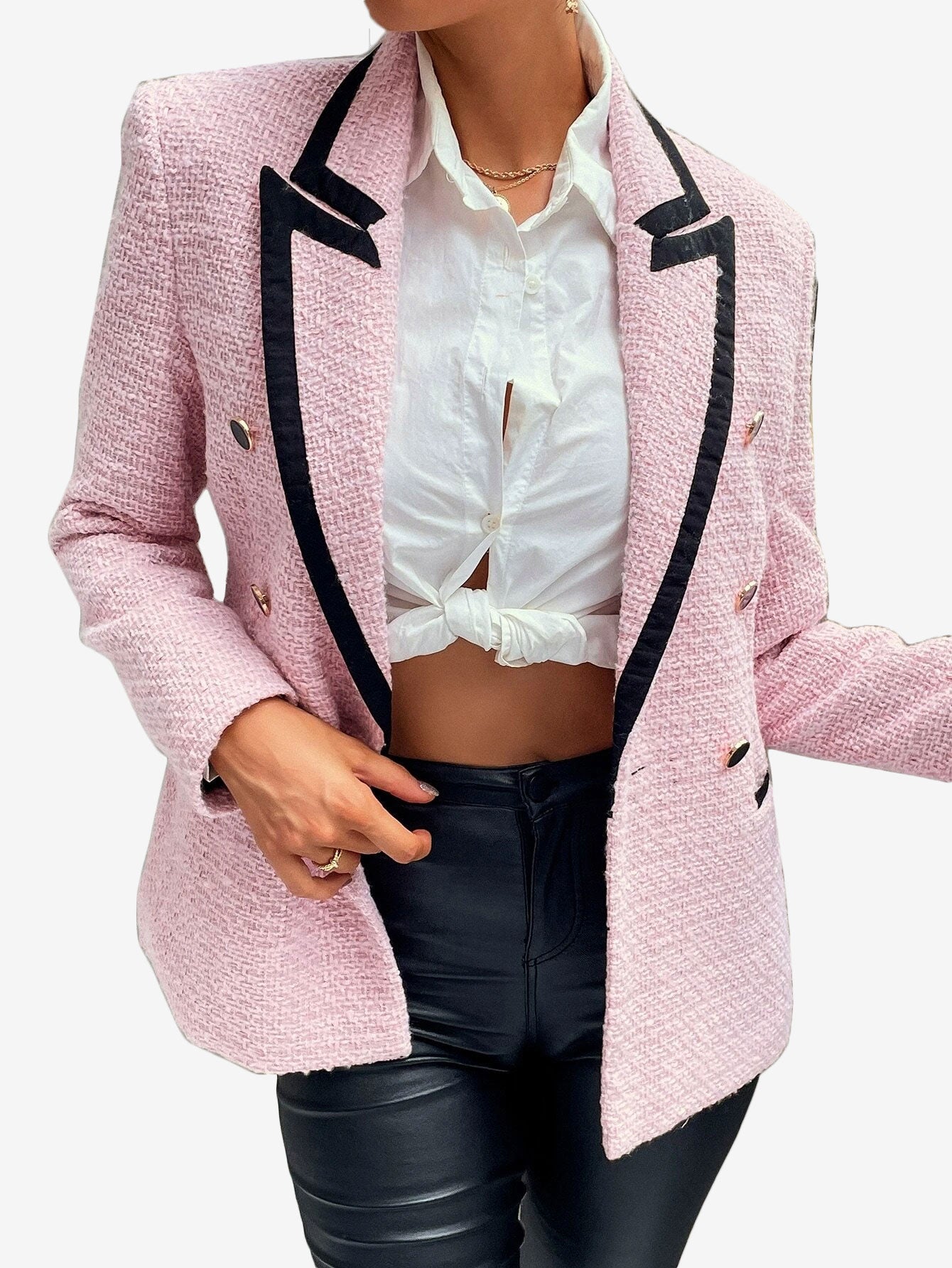 Contrast Binding Peak Collar Double Breasted Overcoat