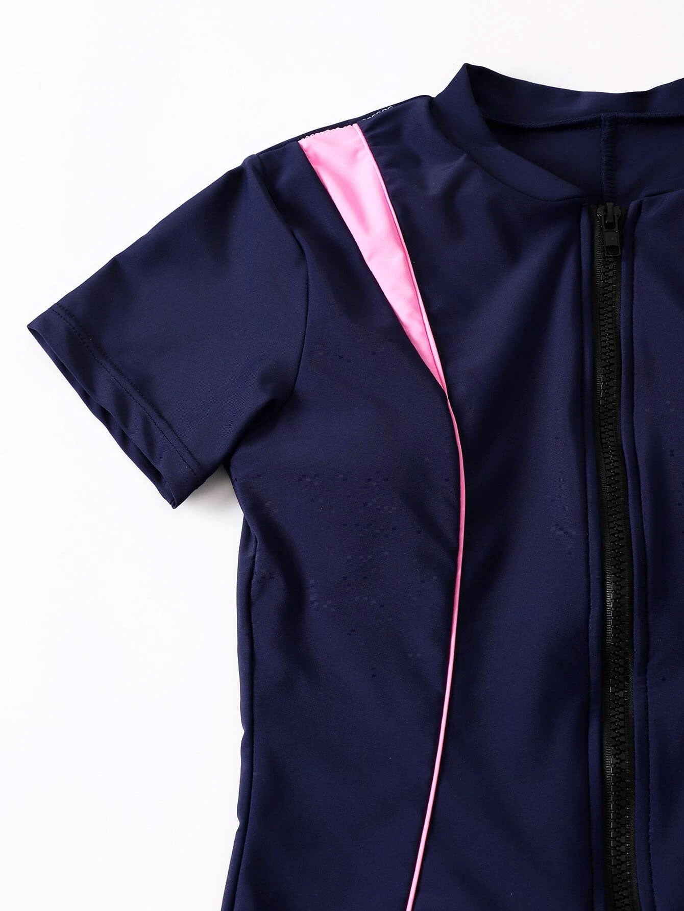 Contrast Binding Zipper Front One Piece Swimsuit