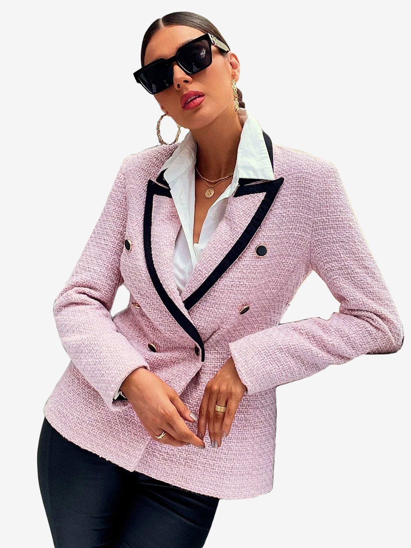 Contrast Binding Peak Collar Double Breasted Overcoat