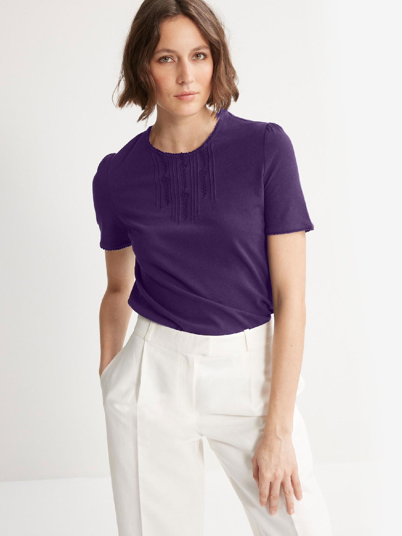 Embroidered Linen And Cotton T-shirt