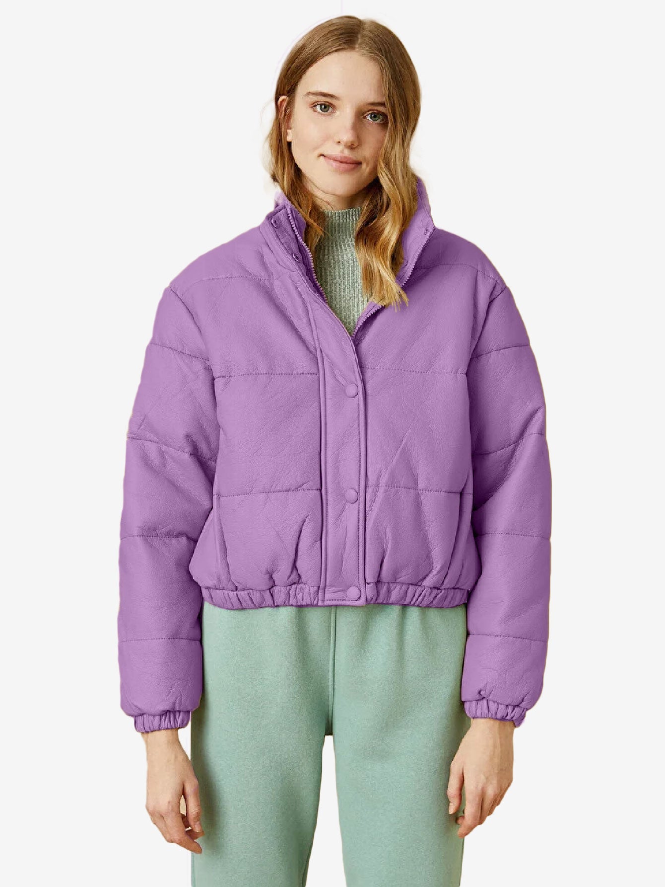 Cozy Zip Up Faux Leather Puffer Jacket