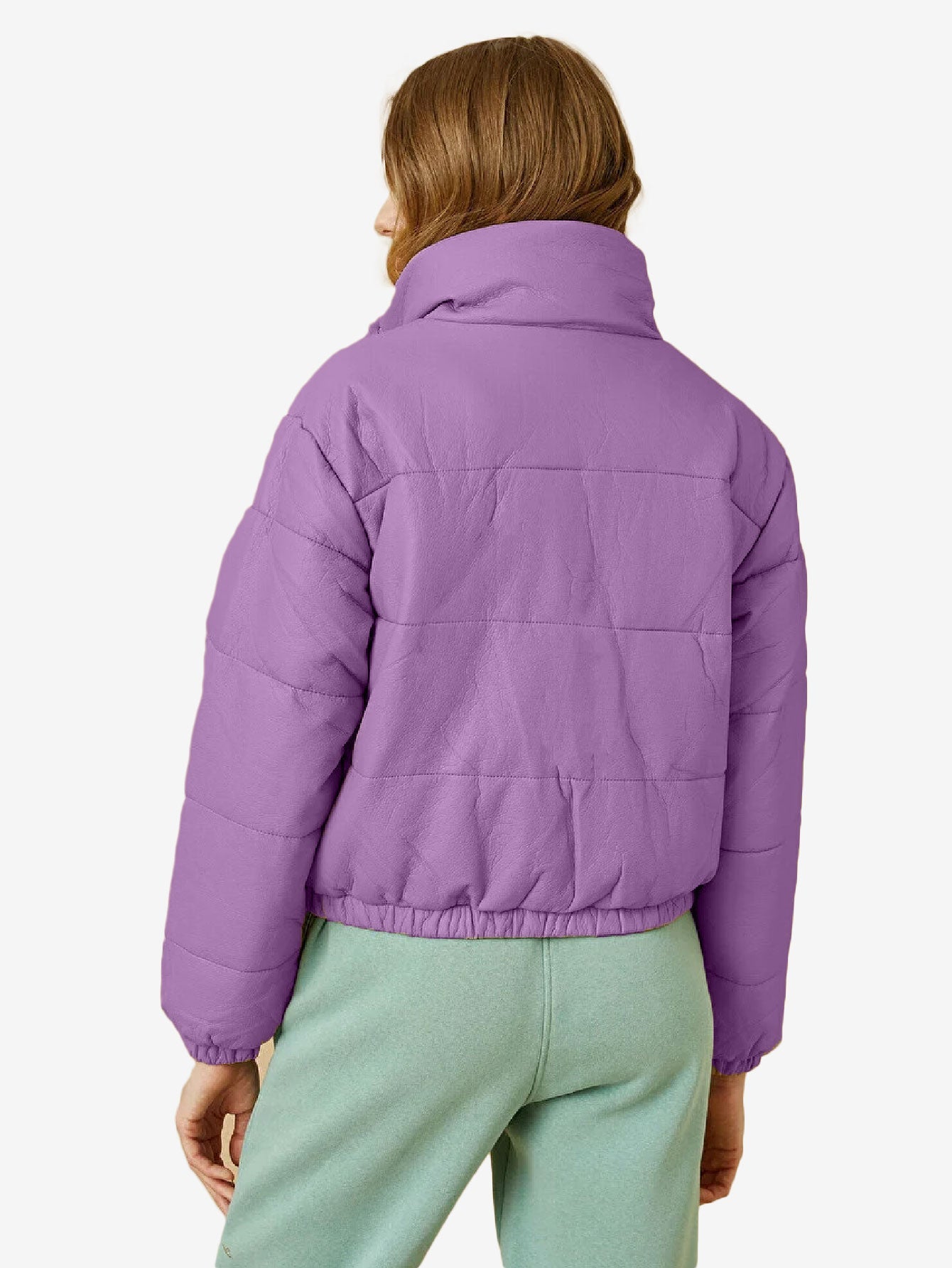 Cozy Zip Up Faux Leather Puffer Jacket