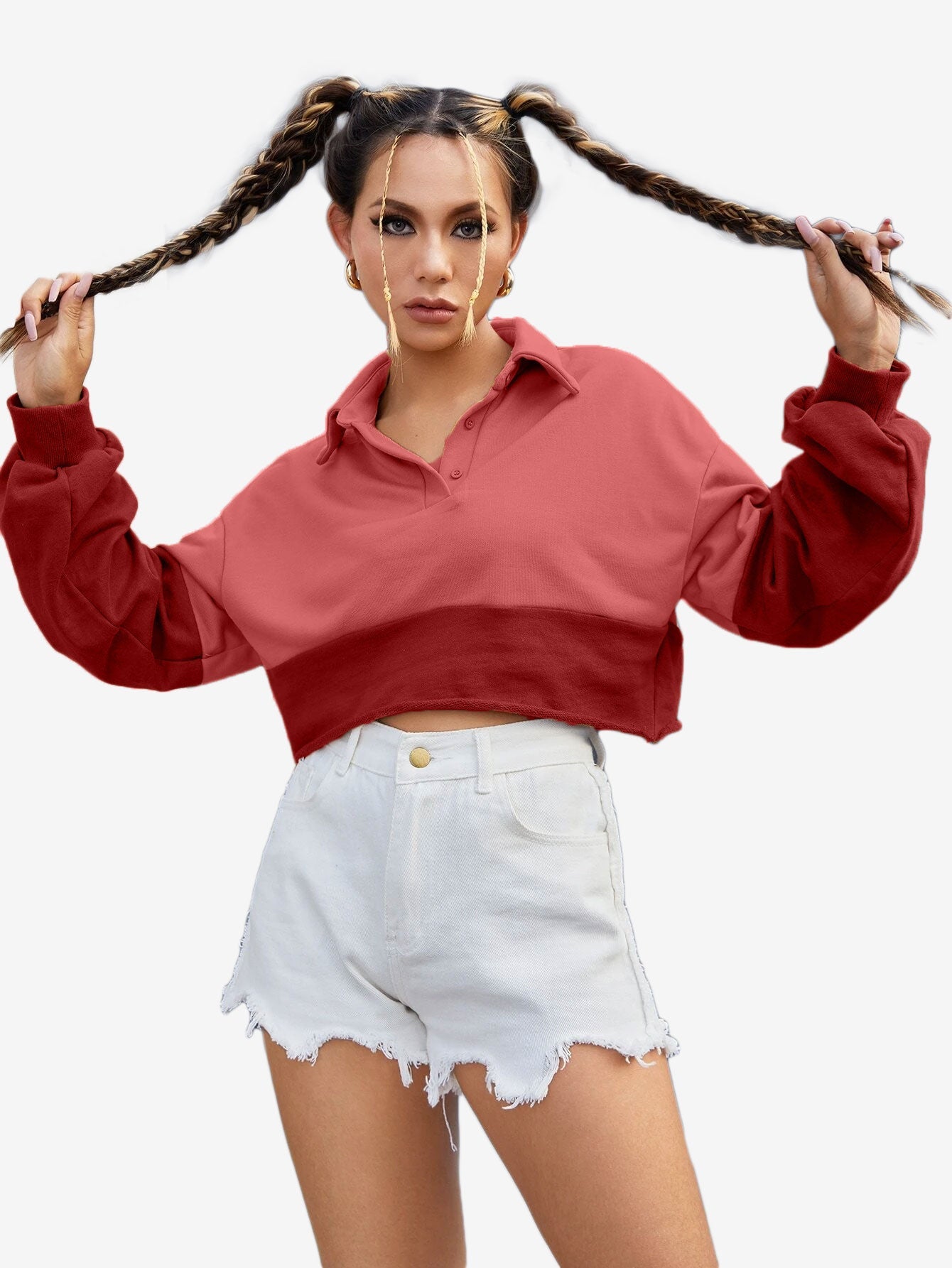 Color Block Sportswear Rough Front Button Crop Sweatshirt