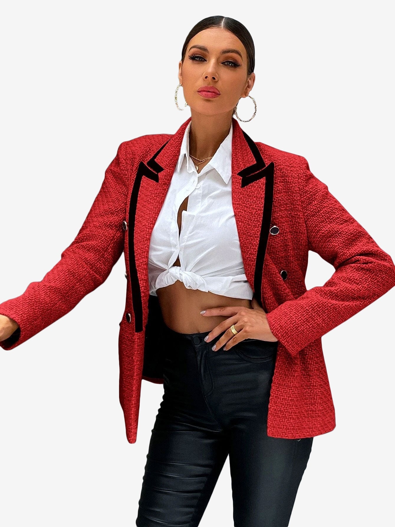 Contrast Binding Peak Collar Double Breasted Overcoat