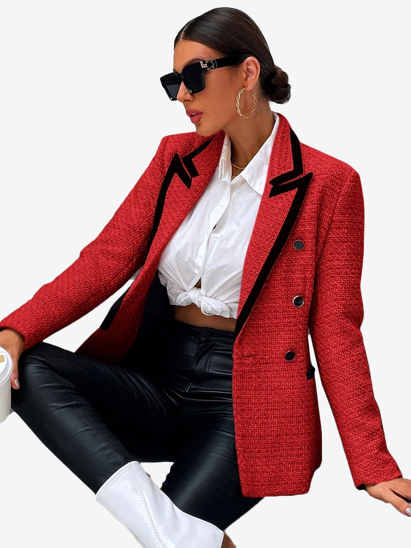 Contrast Binding Peak Collar Double Breasted Overcoat