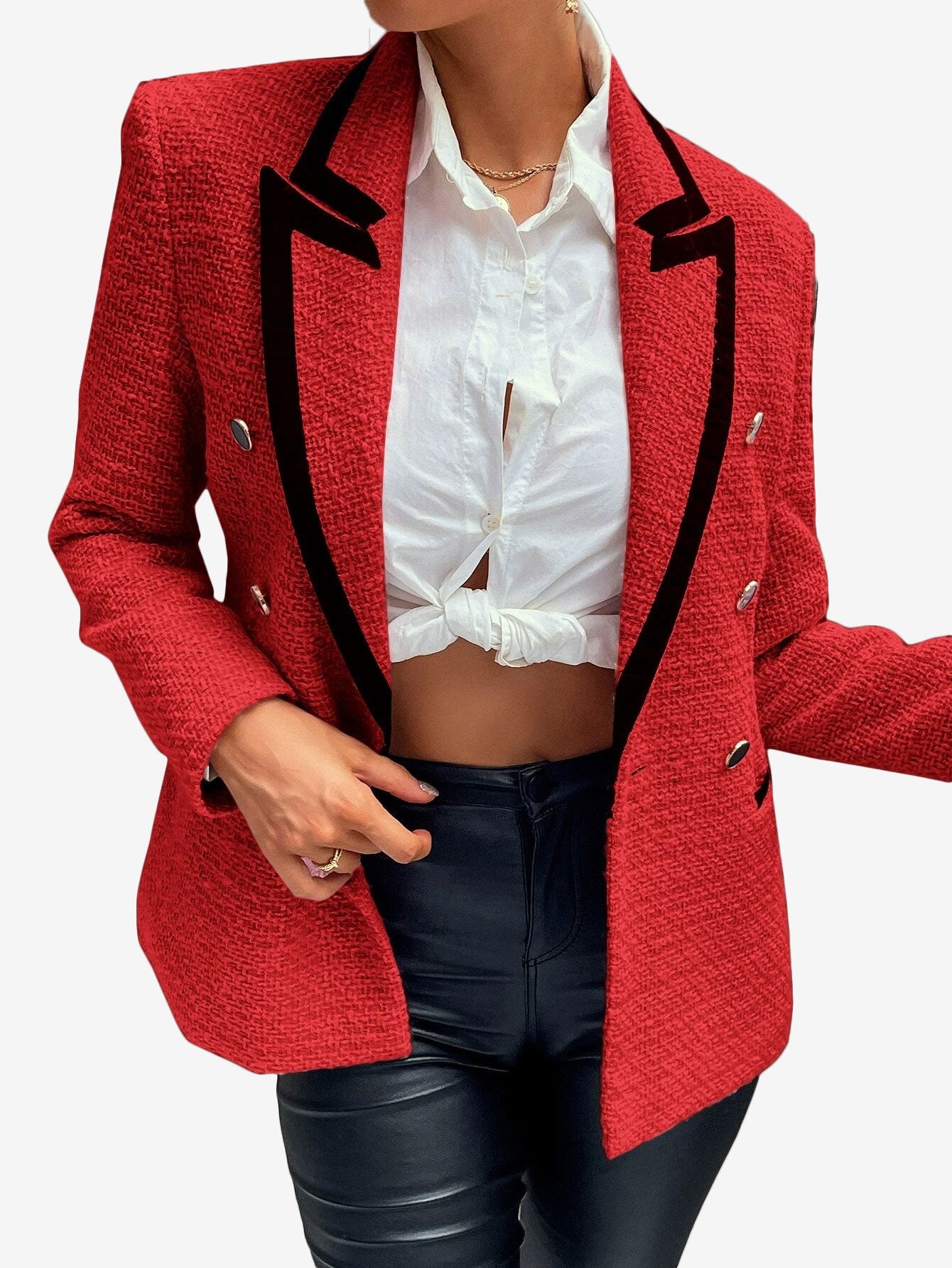 Contrast Binding Peak Collar Double Breasted Overcoat