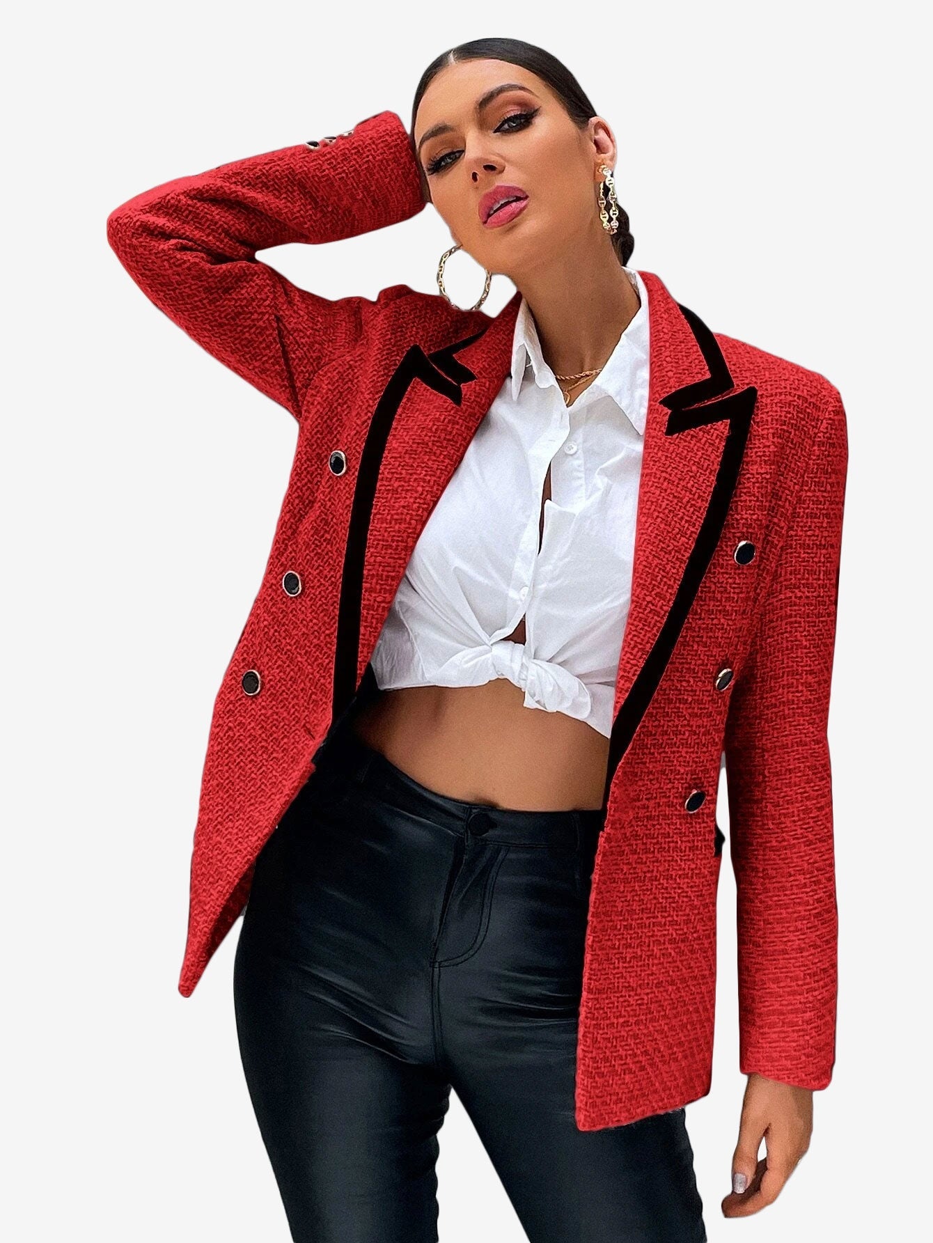 Contrast Binding Peak Collar Double Breasted Overcoat