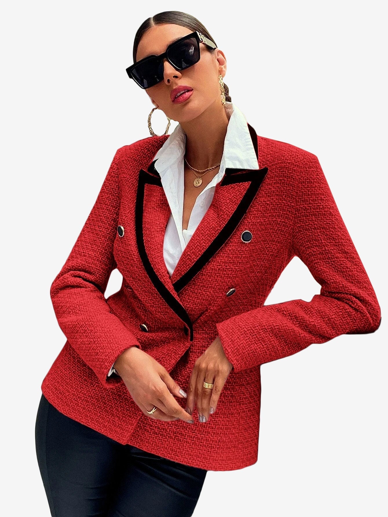 Contrast Binding Peak Collar Double Breasted Overcoat