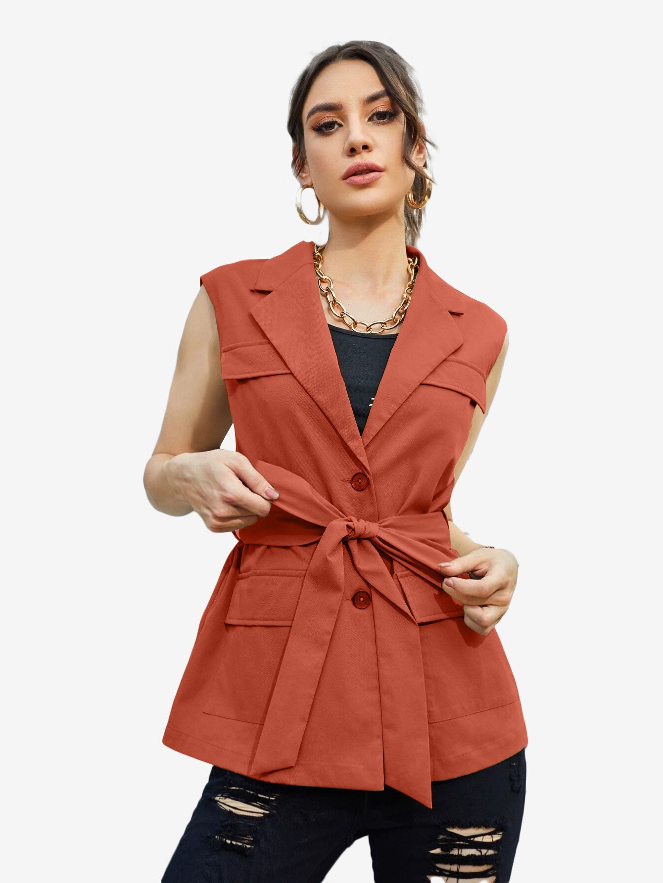 Autumn Lapel Neck Flap Pocket Belted Vest Blazer