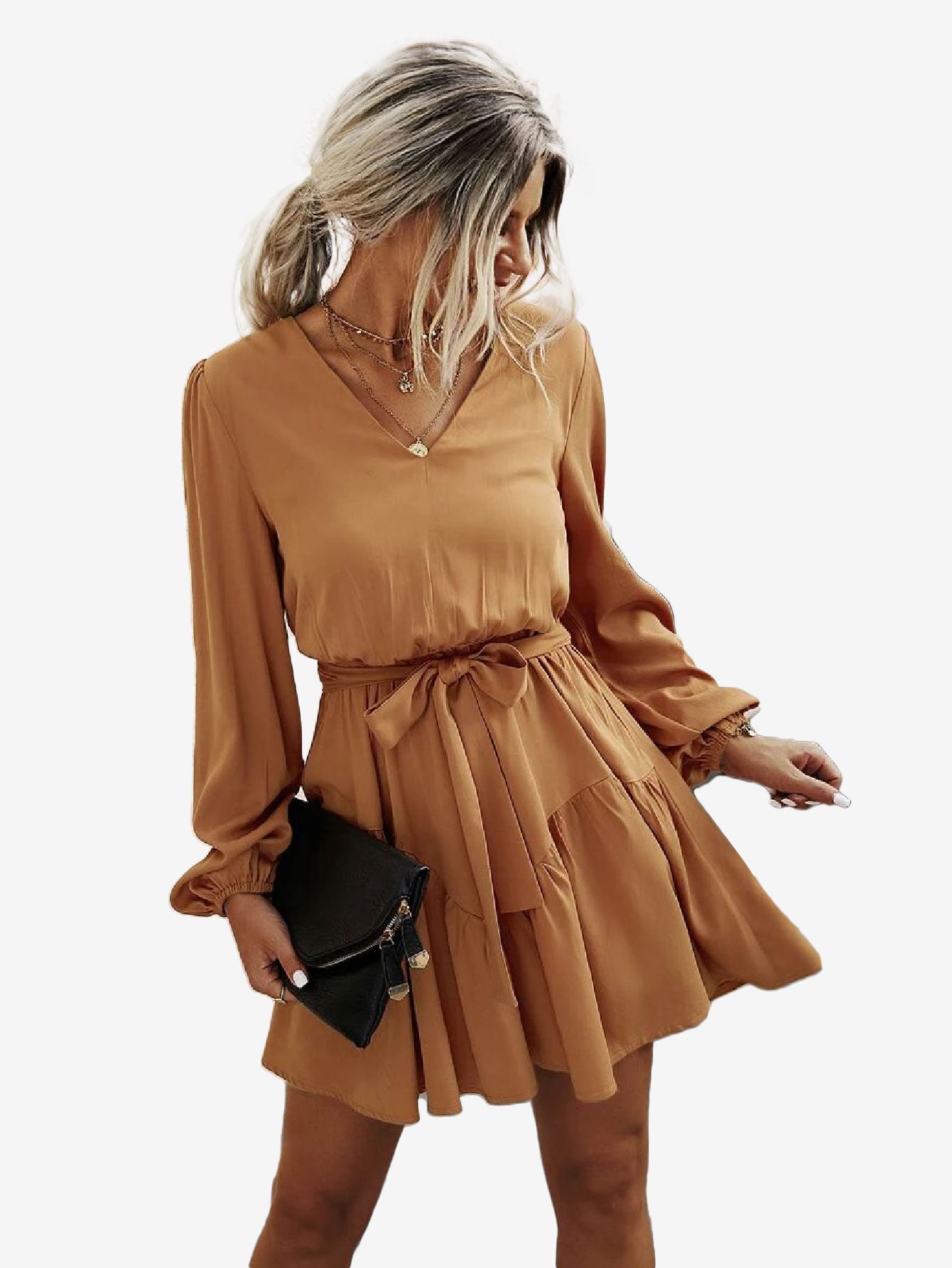 Charming V Neck Lantern Sleeve Belted Dress