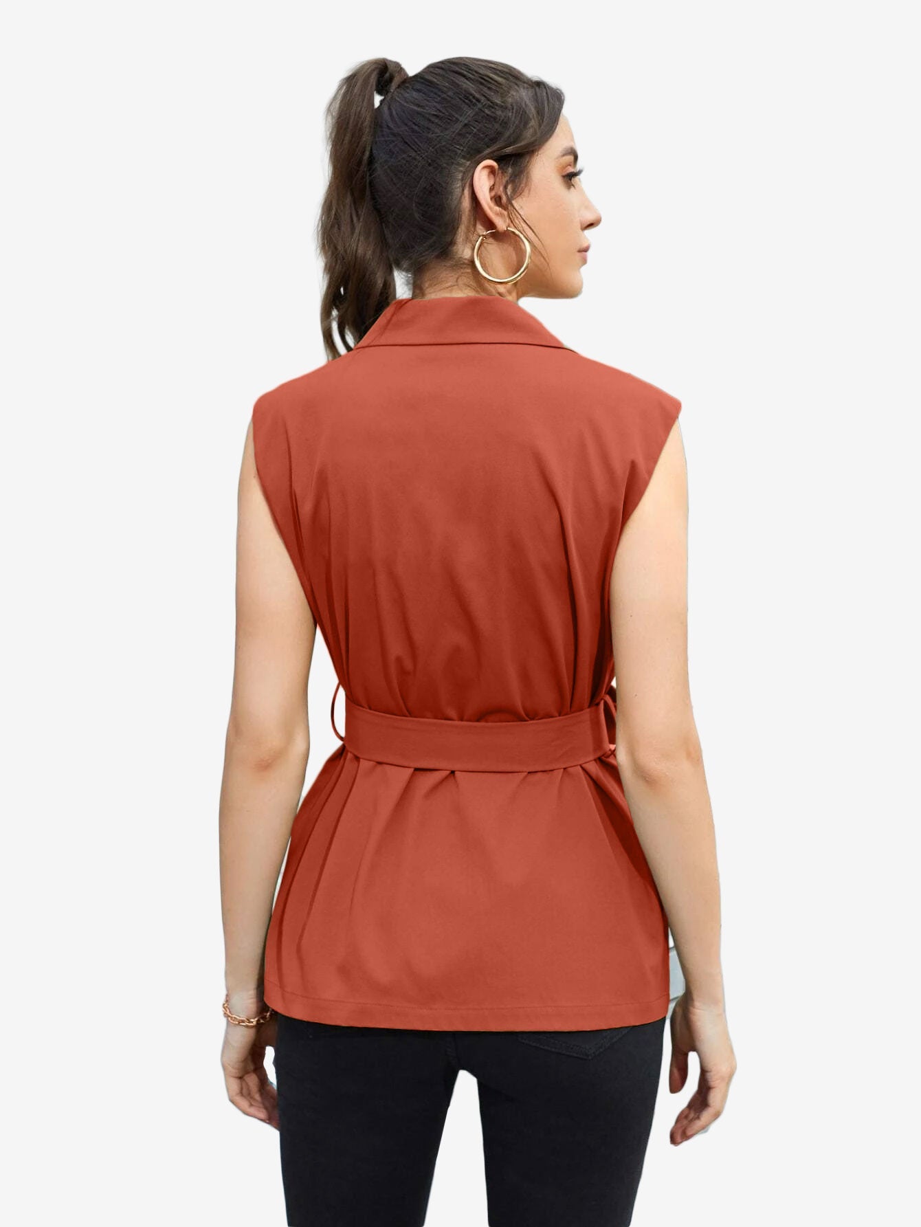 Autumn Lapel Neck Flap Pocket Belted Vest Blazer