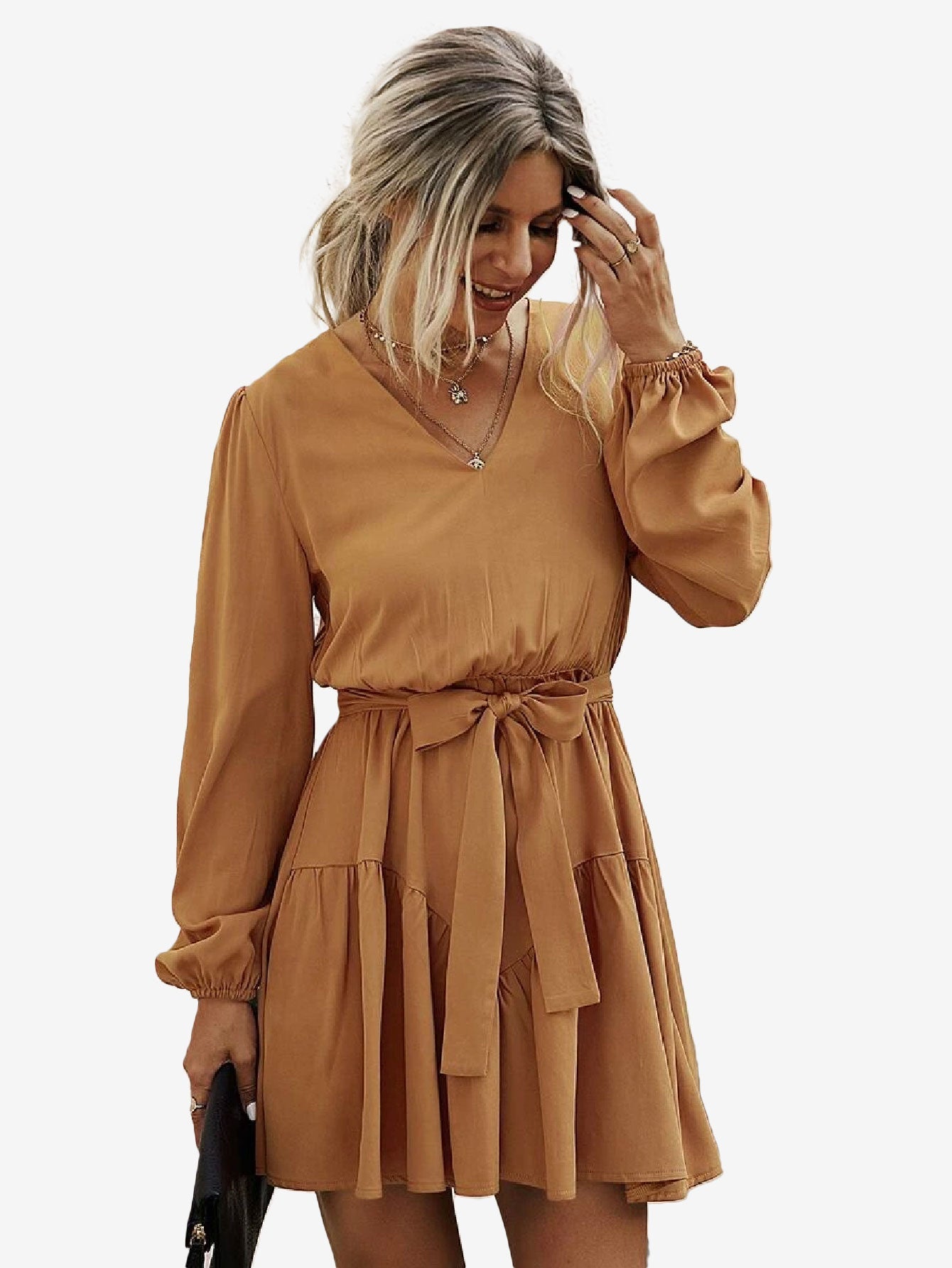 Charming V Neck Lantern Sleeve Belted Dress