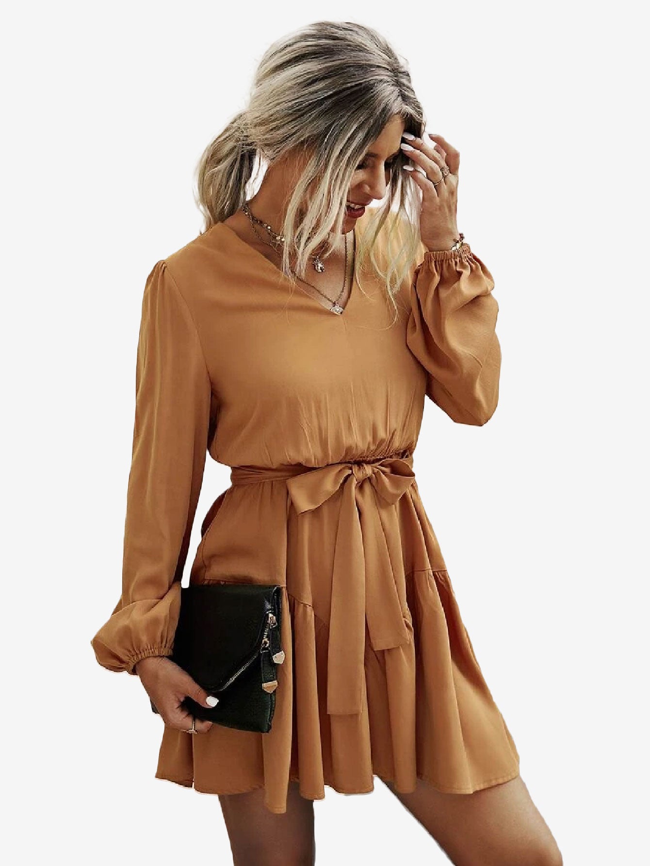 Charming V Neck Lantern Sleeve Belted Dress