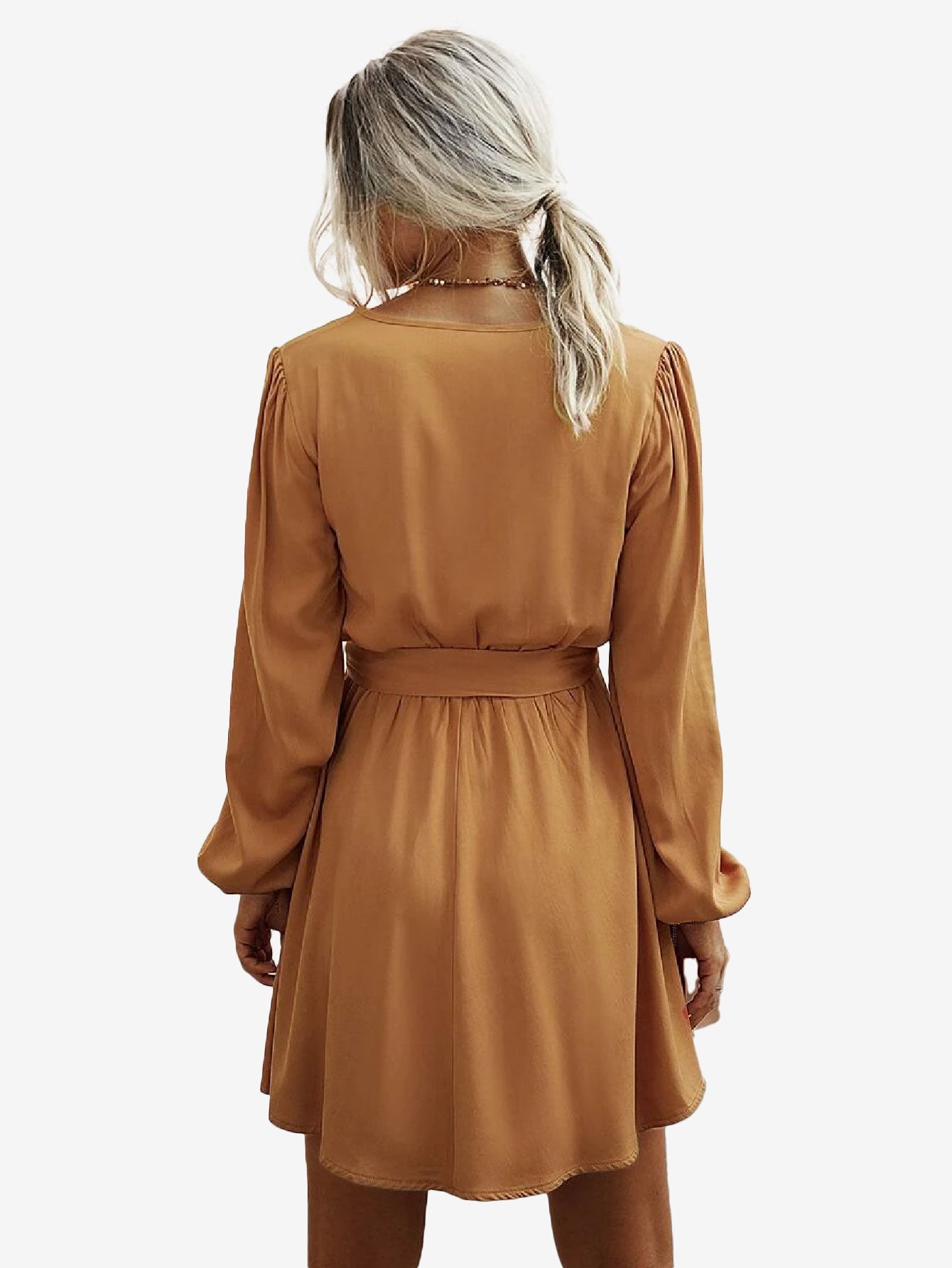 Charming V Neck Lantern Sleeve Belted Dress