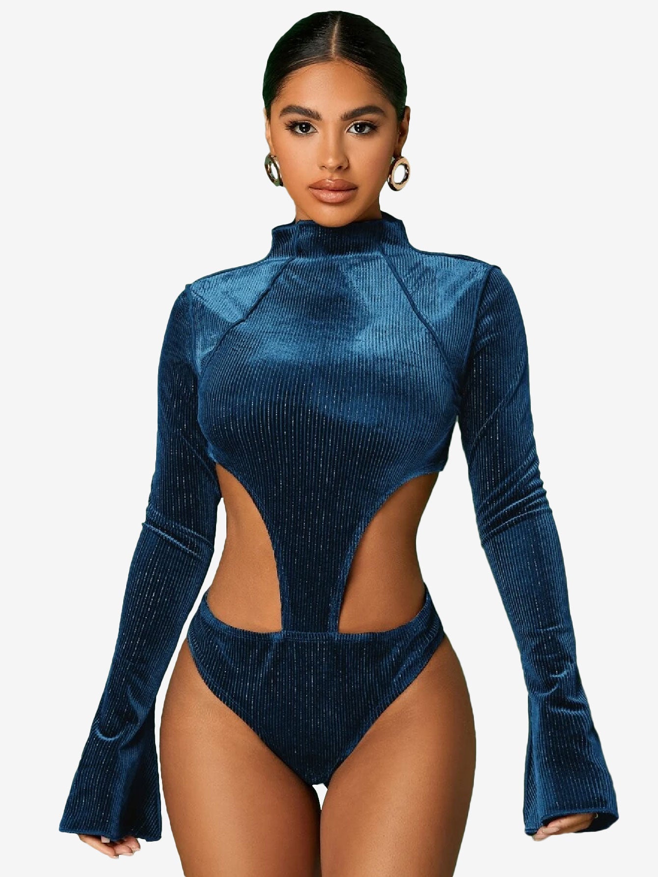 Cunning Mock Neck Cut Out Velvet Bodysuit