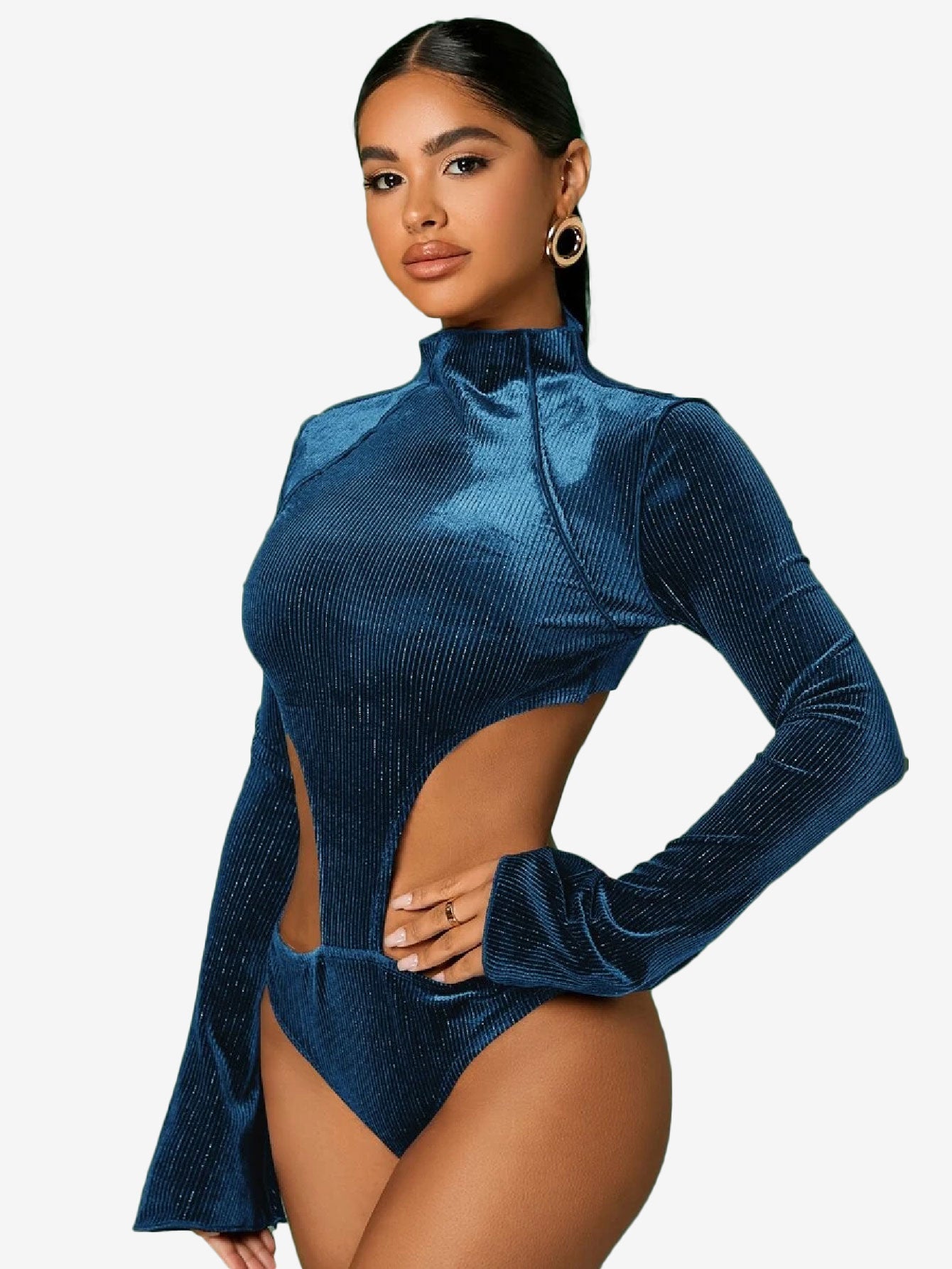 Cunning Mock Neck Cut Out Velvet Bodysuit