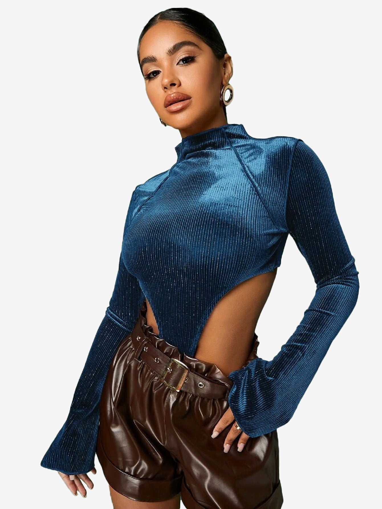 Cunning Mock Neck Cut Out Velvet Bodysuit