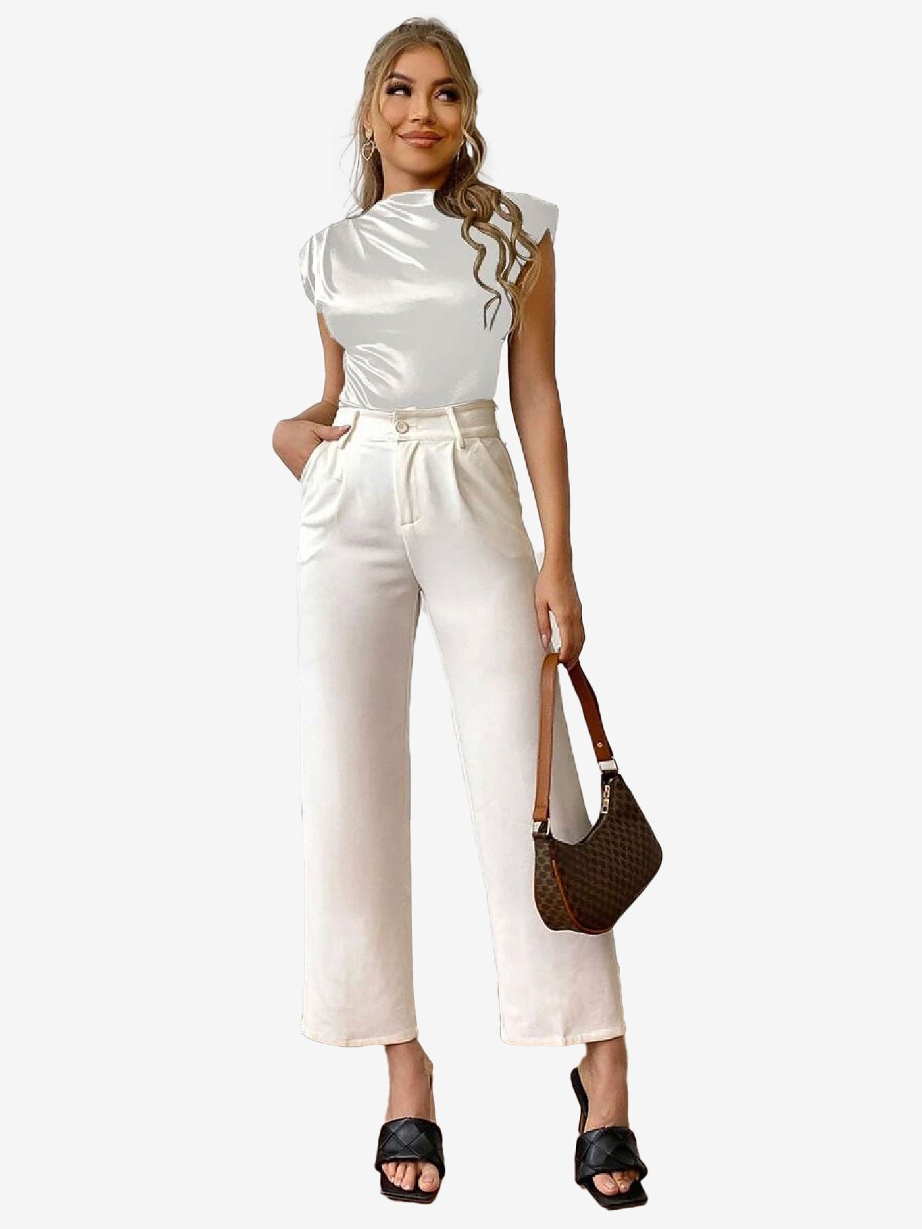 Delightful Shoulder Pad Solid Satin Bodysuit